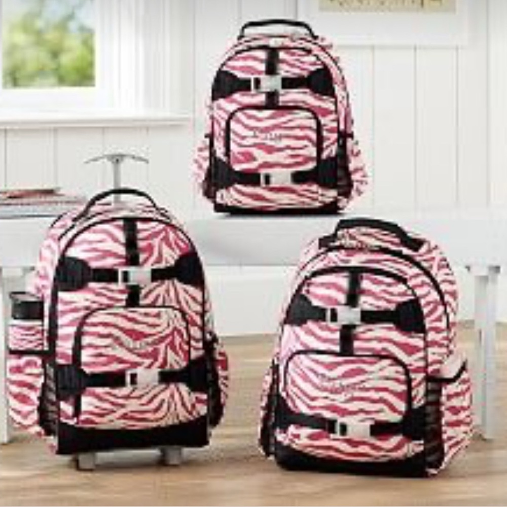 NWOT Pottery Barn Kids Pink Tiger Striped Rolling Backpack-Caitlyn